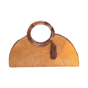 Handwoven Straw Half-Moon Tote Bag with Circular Handles - Natural Brown